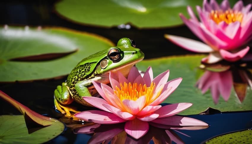 a cute green frog in a pond