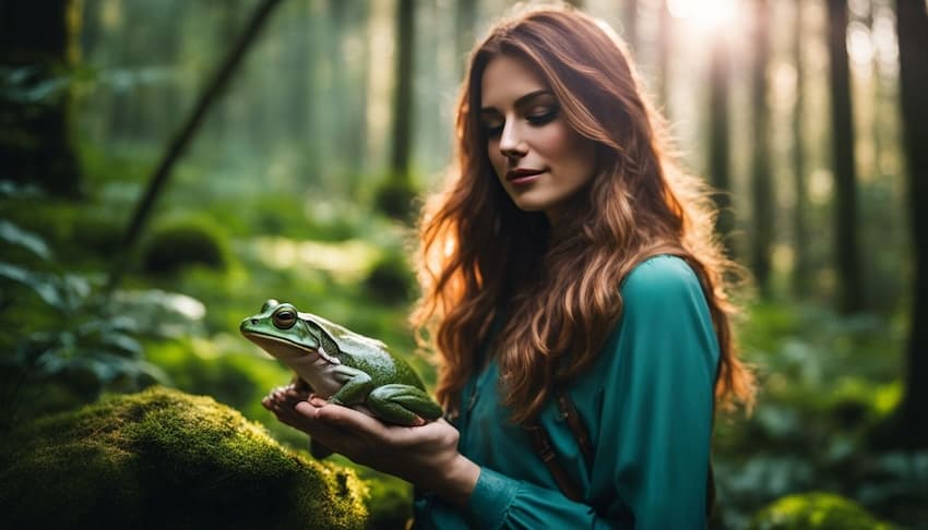 a woman holding a frog in a dreamy forest